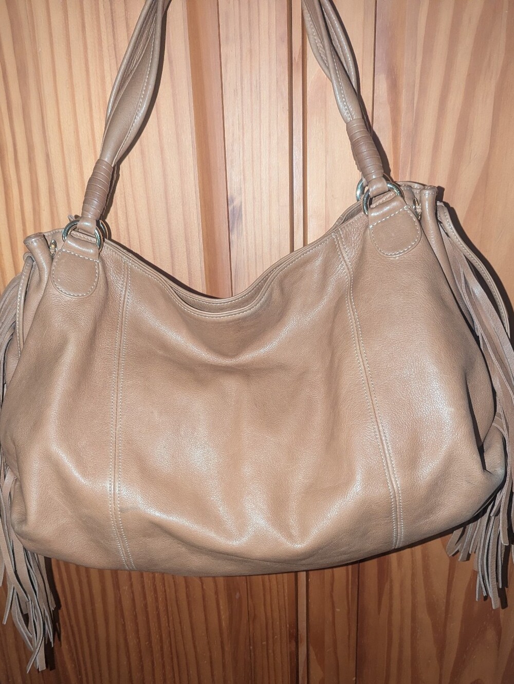 Zina Eva Caramel Tan Leather Shoulder Hobo with Fringe Accent